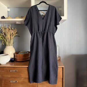 Puro Lino Italy Linen Oversized Drawstring Waist Tie Midi Dress Navy Lagenlook